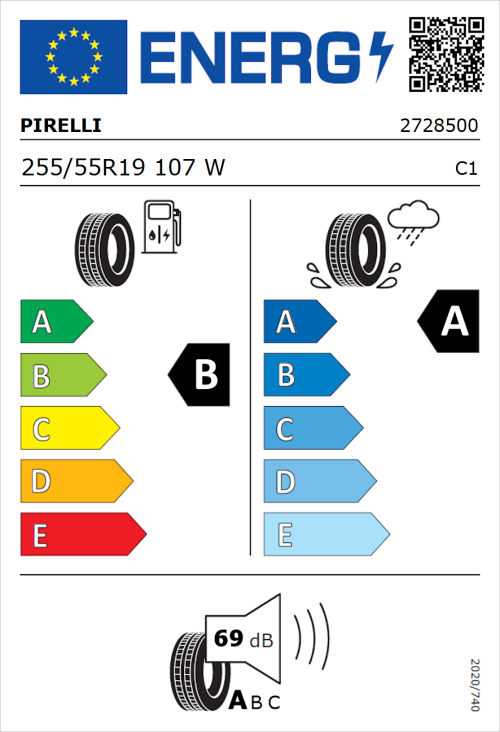 Tyre Label for Pirelli P Zero 255/55R19 107W