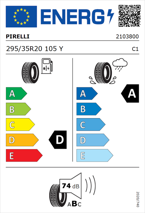 Tyre Label for Pirelli P Zero 295/35R20 105Y