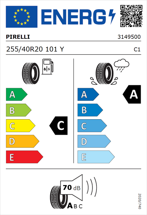 Tyre Label for Pirelli P Zero 255/40R20 101Y