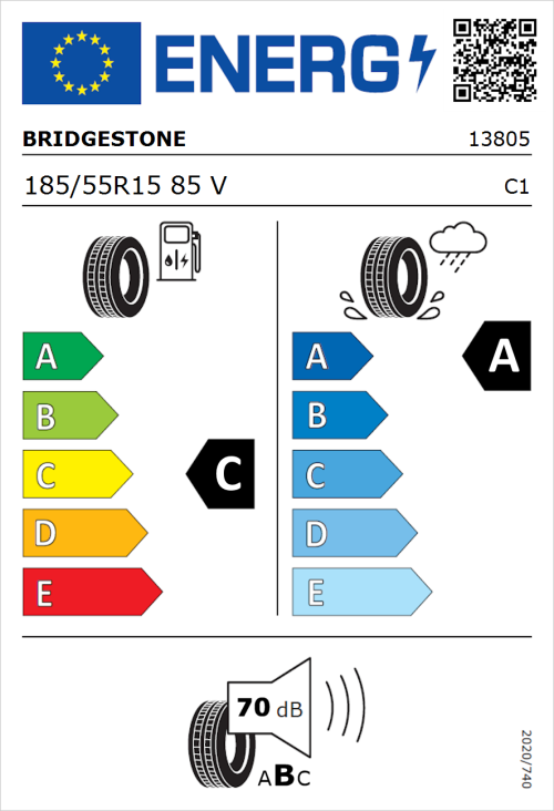 Tyre Label for Bridgestone Turanza T005 185/55R15 85V