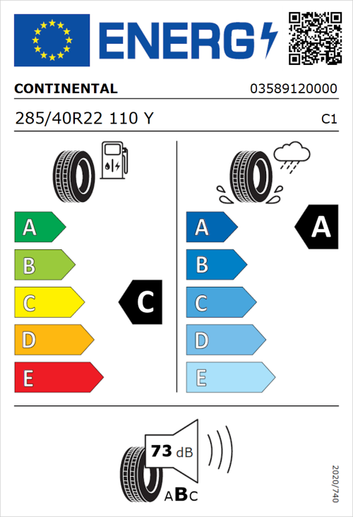 Tyre Label for Continental ContiSportContact 5 Seal 285/40R22 110Y