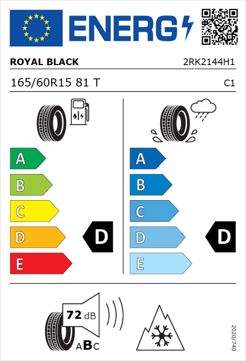 Tyre Label for Royal Black Winter 165/60R15 81T