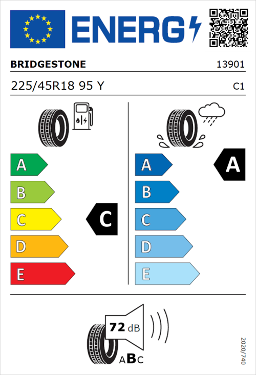 Tyre Label for Bridgestone Turanza T005 225/45R18 95Y