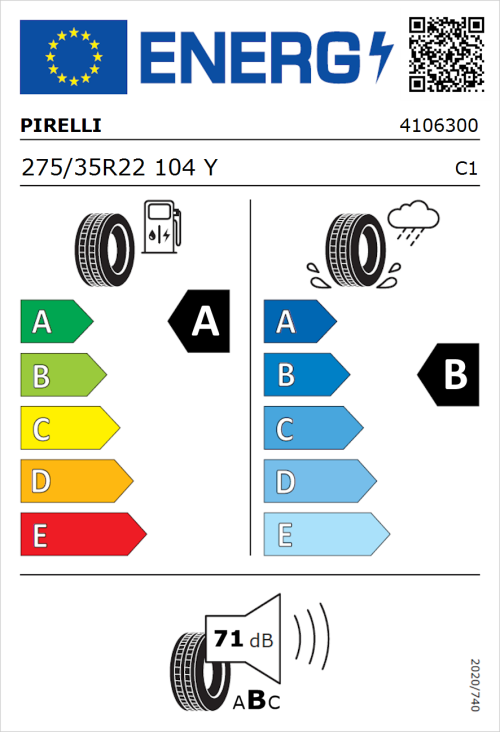 Tyre Label for Pirelli P Zero 275/35R22 104Y