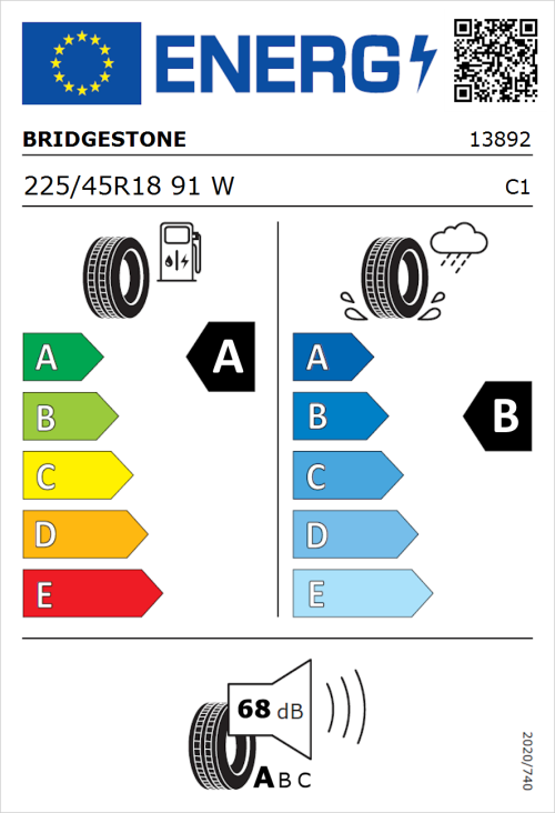 Tyre Label for Bridgestone Turanza T005 225/45R18 91W