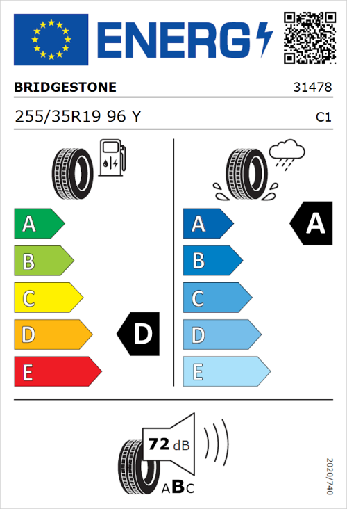 Tyre Label for Bridgestone Potenza Sport 255/35R19 96Y