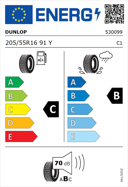 Tyre Label for Dunlop SP SportMaxx RT 205/55R16 91Y