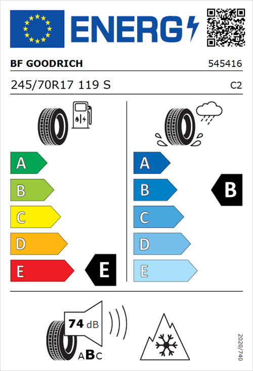 Tyre Label for BF Goodrich All Terrain T/A KO2 RWL 245/70R17 119S
