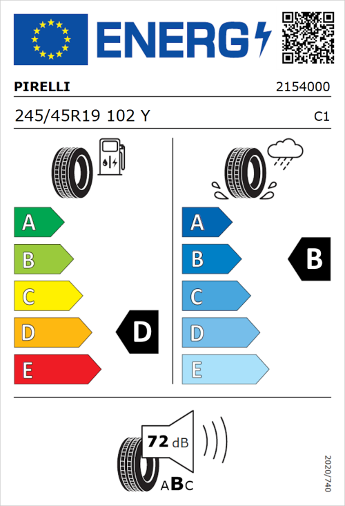Tyre Label for Pirelli P Zero 245/45R19 102Y
